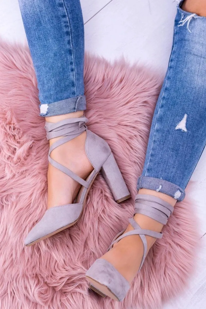 New Boto Damskie Czółenka Na Słupku Wiązane Szare Demmi