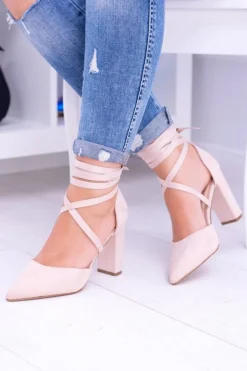 Clearance Boto Damskie Czółenka Na Słupku Wiązane Beżowe Demmi