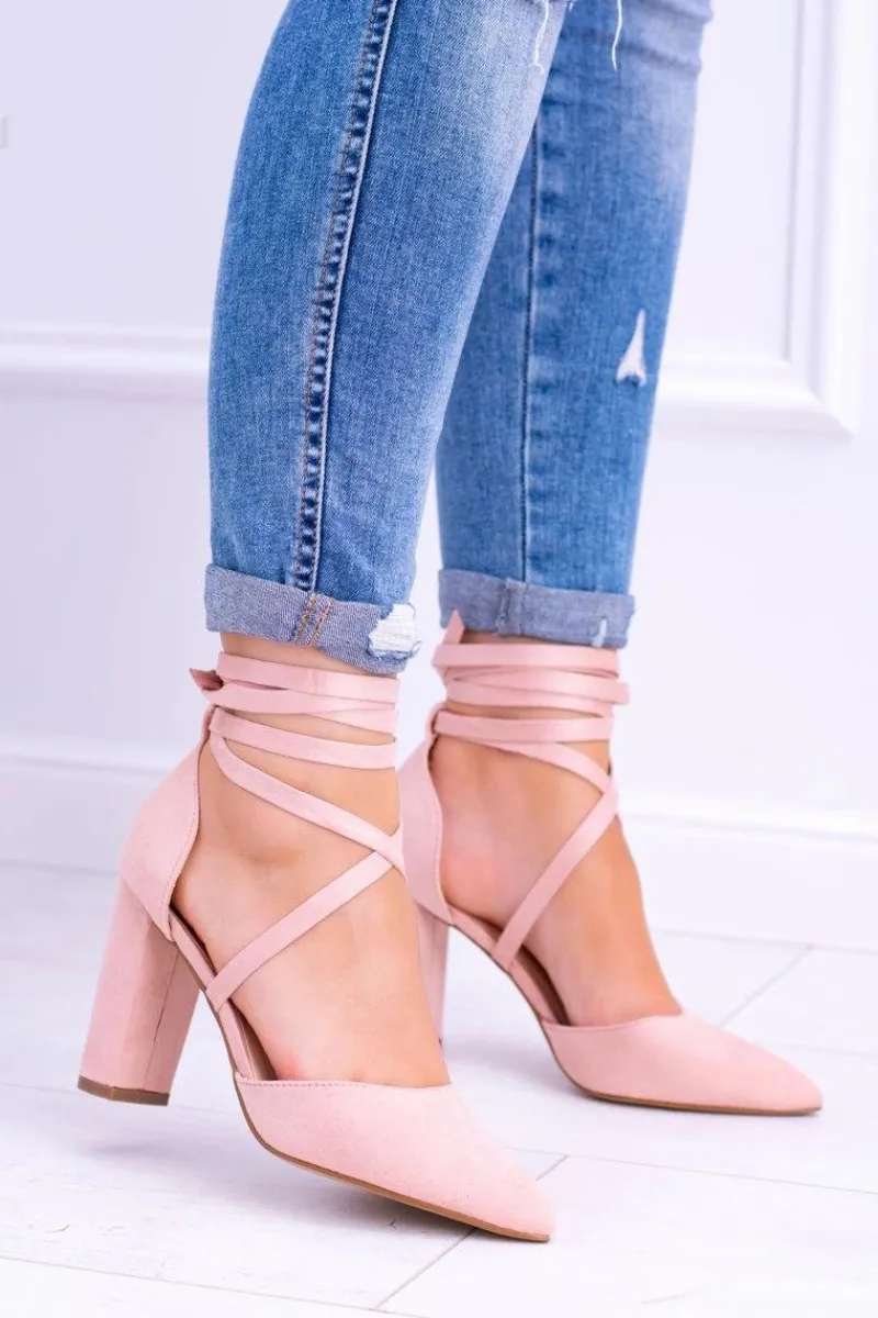 Czółenka Zamszowe|Czółenka Na Słupku>Boto Damskie Czółenka Na Słupku Wiązane Różowe Demmi