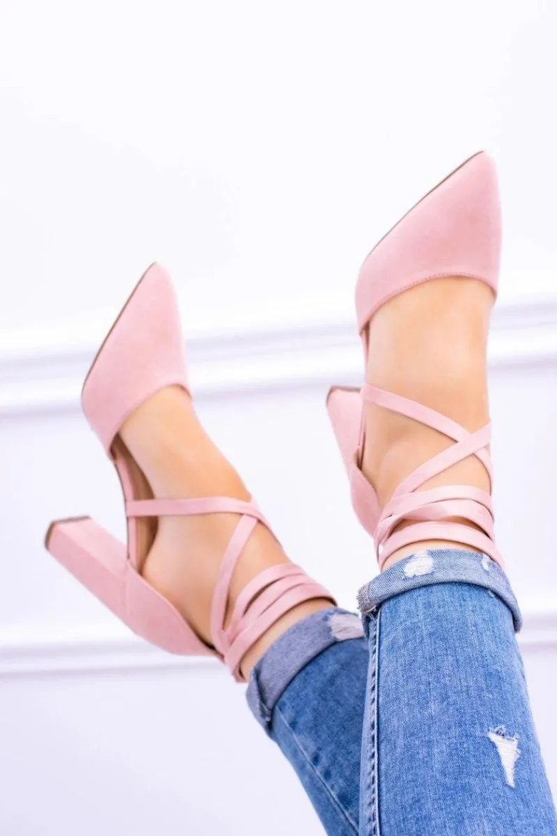 Czółenka Zamszowe|Czółenka Na Słupku>Boto Damskie Czółenka Na Słupku Wiązane Różowe Demmi