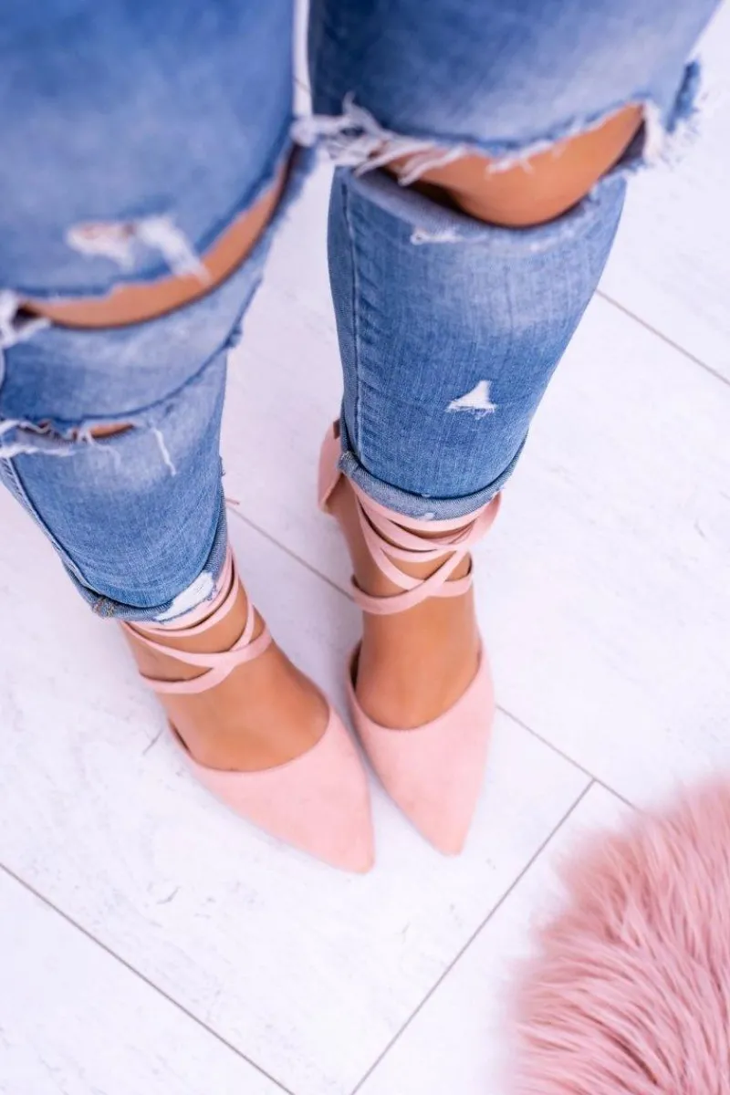 Czółenka Zamszowe|Czółenka Na Słupku>Boto Damskie Czółenka Na Słupku Wiązane Różowe Demmi