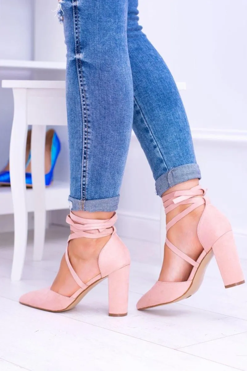 Czółenka Zamszowe|Czółenka Na Słupku>Boto Damskie Czółenka Na Słupku Wiązane Różowe Demmi