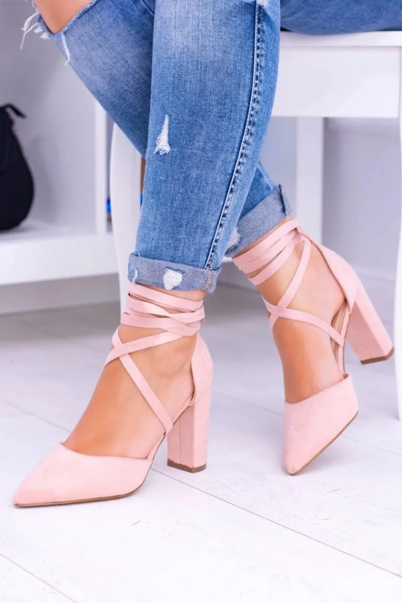 Czółenka Zamszowe|Czółenka Na Słupku>Boto Damskie Czółenka Na Słupku Wiązane Różowe Demmi