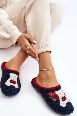 Sale Damskie Domowe Klapki Kapcie Z Misiem EC000095 Granatowe Damskie Kapcie Klasyczne|Klapki Damskie Klasyczne