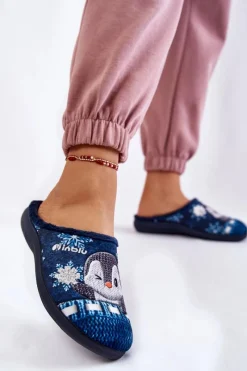 Best Damskie Domowe Klapki Papcie Pingwiny EC-81-004 Granatowe Damskie Kapcie Klasyczne|Klapki Damskie Klasyczne