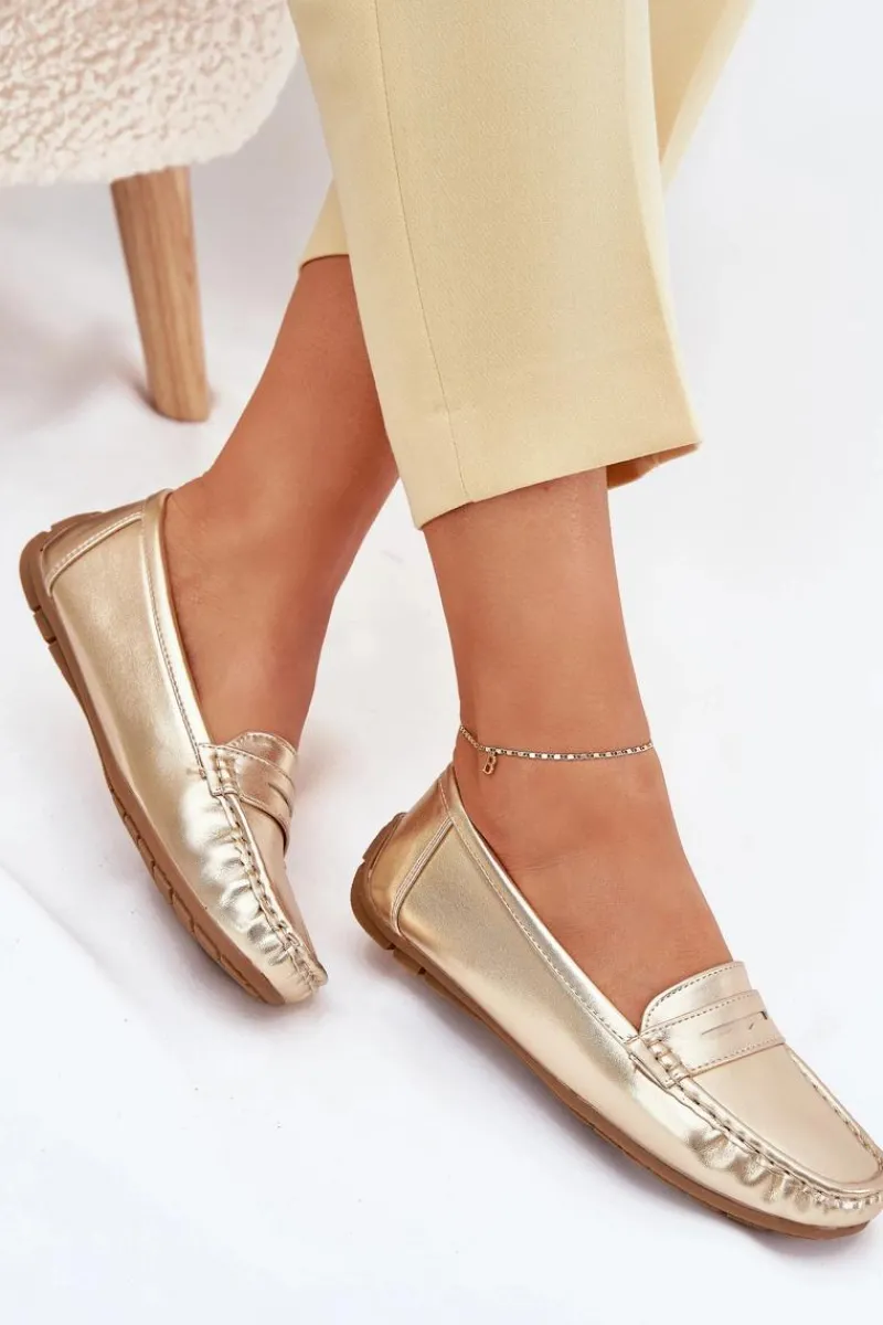 Damskie Eko Skórzane Mokasyny Złote Lenvie Damskie Loafersy Damskie|Mokasyny Damskie Zamszowe