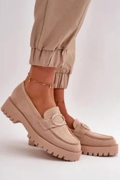 Damskie Eko Zamszowe Mokasyny Z Błyszczącym Detalem Beżowe Avellina Damskie Loafersy Damskie|Mokasyny Damskie Zamszowe