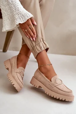 Damskie Eko Zamszowe Mokasyny Z Błyszczącym Detalem Beżowe Avellina Damskie Loafersy Damskie|Mokasyny Damskie Zamszowe