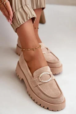 Damskie Eko Zamszowe Mokasyny Z Błyszczącym Detalem Beżowe Avellina Damskie Loafersy Damskie|Mokasyny Damskie Zamszowe