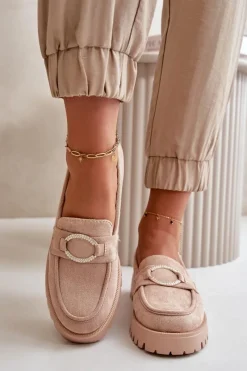 Damskie Eko Zamszowe Mokasyny Z Błyszczącym Detalem Beżowe Avellina Damskie Loafersy Damskie|Mokasyny Damskie Zamszowe