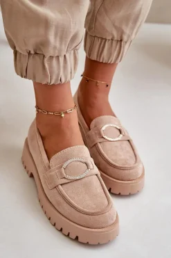 Damskie Eko Zamszowe Mokasyny Z Błyszczącym Detalem Beżowe Avellina Damskie Loafersy Damskie|Mokasyny Damskie Zamszowe