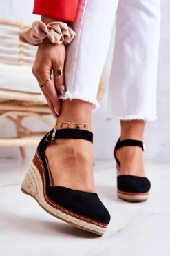 New Damskie Espadryle Na Koturnie Czarne Tamarill Damskie Sandały Na Koturnie|Czarne Espadryle