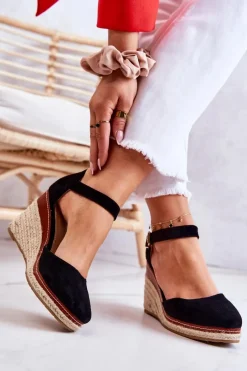 New Damskie Espadryle Na Koturnie Czarne Tamarill Damskie Sandały Na Koturnie|Czarne Espadryle