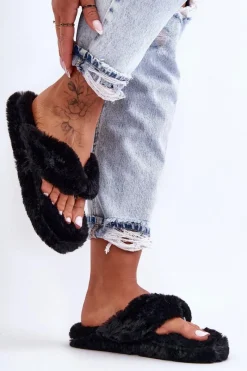 Kapcie Klasyczne|Klapki Z Futerkiem>Boto Damskie Futrzane Klapki Papcie Czarne Elma Czarny