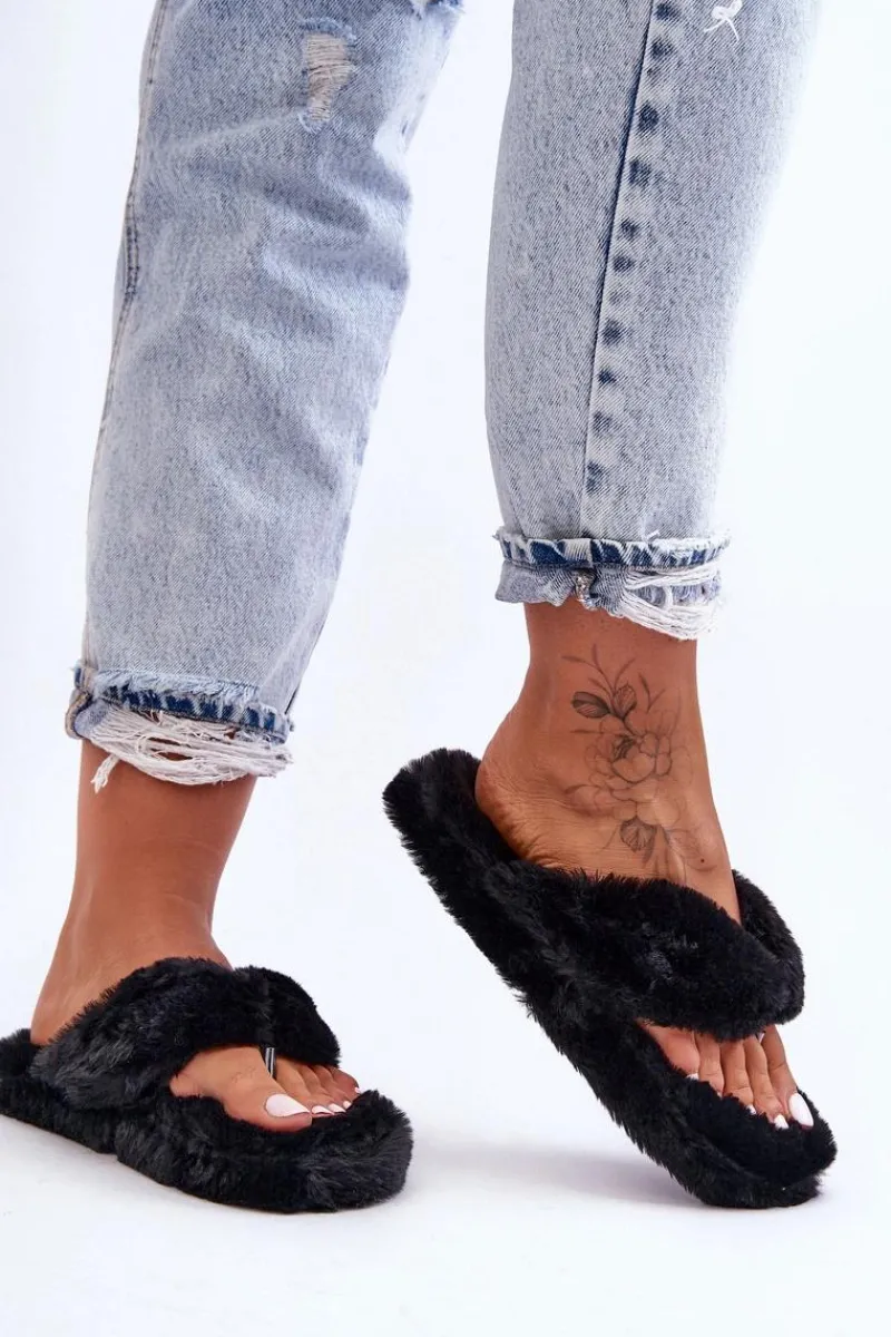 Kapcie Klasyczne|Klapki Z Futerkiem>Boto Damskie Futrzane Klapki Papcie Czarne Elma Czarny
