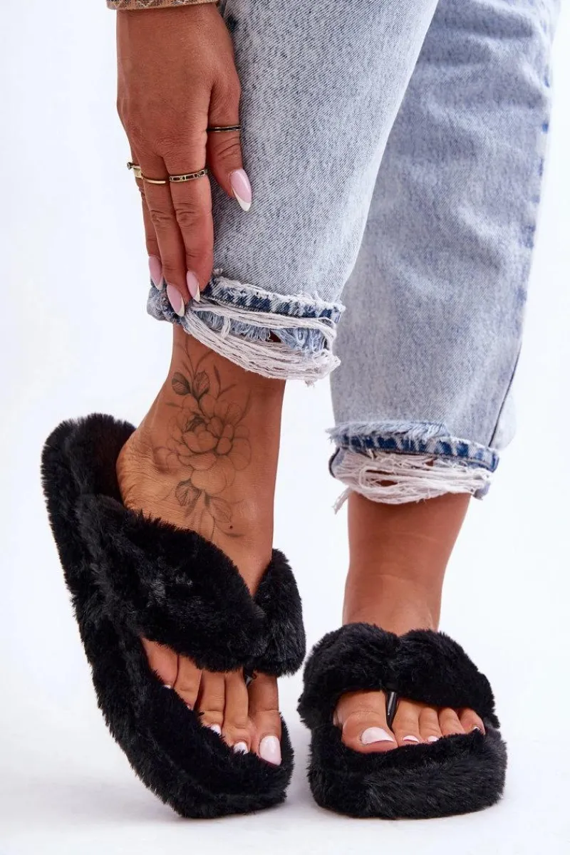 Kapcie Klasyczne|Klapki Z Futerkiem>Boto Damskie Futrzane Klapki Papcie Czarne Elma Czarny