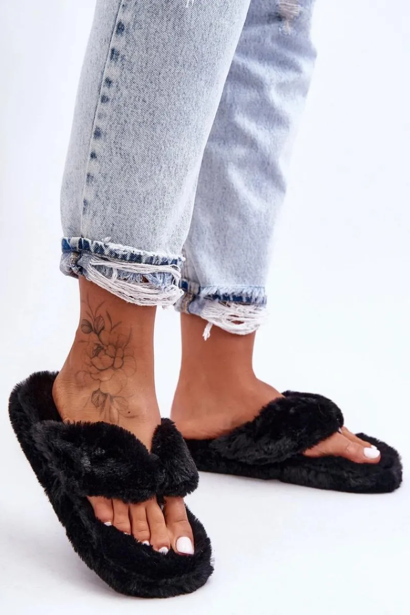 Kapcie Klasyczne|Klapki Z Futerkiem>Boto Damskie Futrzane Klapki Papcie Czarne Elma Czarny