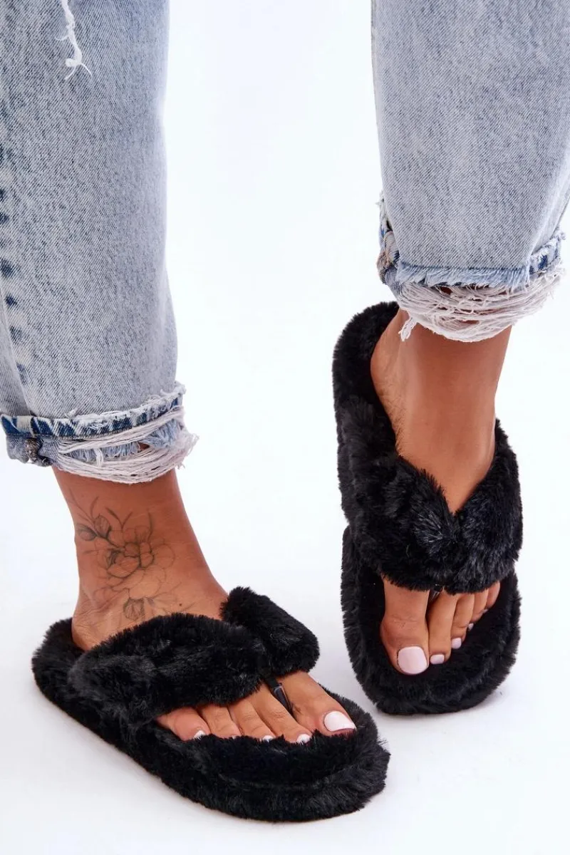 Kapcie Klasyczne|Klapki Z Futerkiem>Boto Damskie Futrzane Klapki Papcie Czarne Elma Czarny