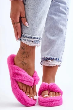 Online Boto Damskie Futrzane Klapki Papcie Fuksja Elma