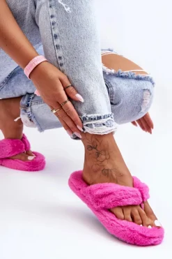 Online Boto Damskie Futrzane Klapki Papcie Fuksja Elma