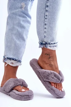 Kapcie Klasyczne|Klapki Z Futerkiem>Boto Damskie Futrzane Klapki Papcie Szare Elma