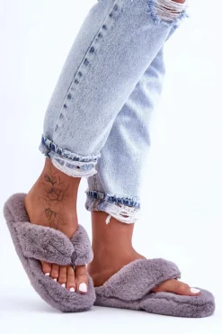 Kapcie Klasyczne|Klapki Z Futerkiem>Boto Damskie Futrzane Klapki Papcie Szare Elma