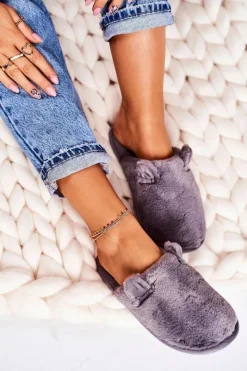 Sale Damskie Futrzane Papcie Z Uszami Szare Hippo Damskie Kapcie Klasyczne