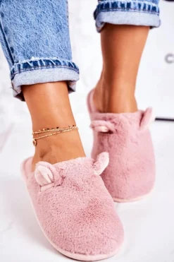 Outlet Damskie Futrzane Papcie Z Uszami Pudrowy Róż Hippo Damskie Kapcie Klasyczne