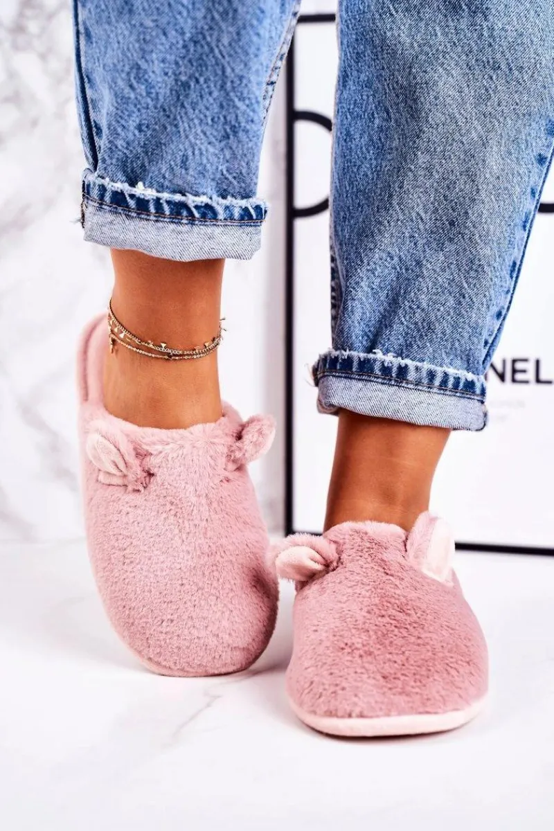 Outlet Damskie Futrzane Papcie Z Uszami Pudrowy Róż Hippo Damskie Kapcie Klasyczne