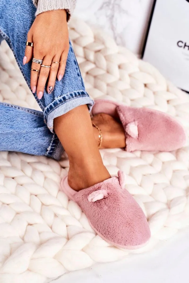 Outlet Damskie Futrzane Papcie Z Uszami Pudrowy Róż Hippo Damskie Kapcie Klasyczne