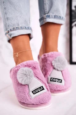 Best Boto Damskie Futrzane Papcie Z Czapką I Pomponem Fioletowe Keep Warm