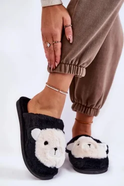 Sale Damskie Futrzane Papcie Z Misiem Czarne Solly Damskie Kapcie Klasyczne