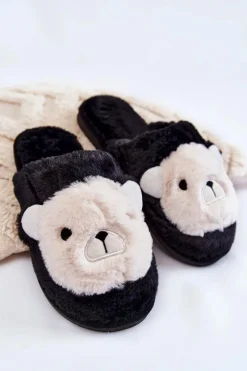 Sale Damskie Futrzane Papcie Z Misiem Czarne Solly Damskie Kapcie Klasyczne