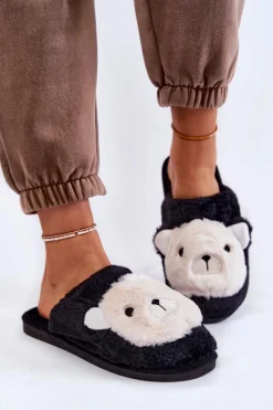 Sale Damskie Futrzane Papcie Z Misiem Czarne Solly Damskie Kapcie Klasyczne