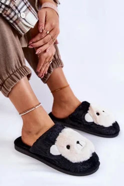 Sale Damskie Futrzane Papcie Z Misiem Czarne Solly Damskie Kapcie Klasyczne