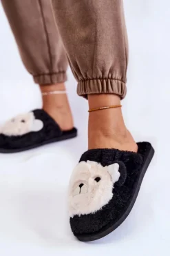 Sale Damskie Futrzane Papcie Z Misiem Czarne Solly Damskie Kapcie Klasyczne