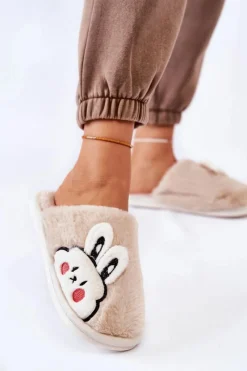 Outlet Damskie Futrzane Papcie Z Królikiem Beżowe Trisha Damskie Kapcie Klasyczne