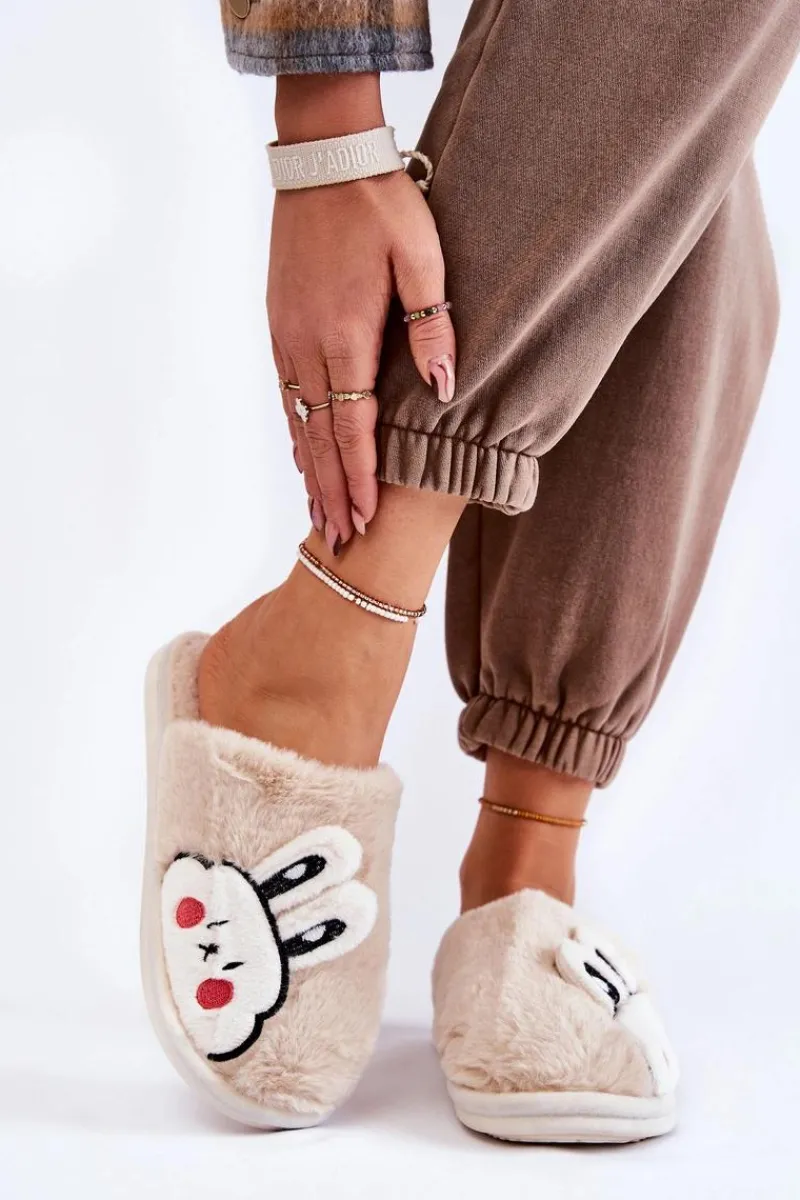 Outlet Damskie Futrzane Papcie Z Królikiem Beżowe Trisha Damskie Kapcie Klasyczne