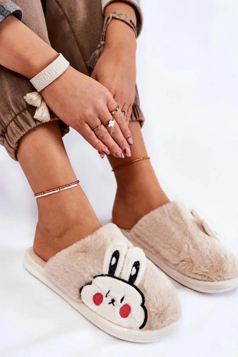 Outlet Damskie Futrzane Papcie Z Królikiem Beżowe Trisha Damskie Kapcie Klasyczne