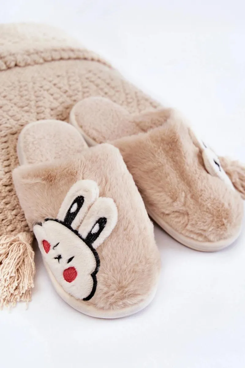 Outlet Damskie Futrzane Papcie Z Królikiem Beżowe Trisha Damskie Kapcie Klasyczne