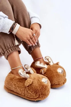 Best Damskie Futrzane Wsuwane Papcie Renifery Jasnobrązowe Comet Damskie Kapcie Klasyczne