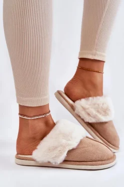 Sale Damskie Gładkie Papcie Z Futerkiem Beżowe Morisea Damskie Kapcie Klasyczne