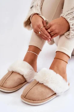 Sale Damskie Gładkie Papcie Z Futerkiem Beżowe Morisea Damskie Kapcie Klasyczne