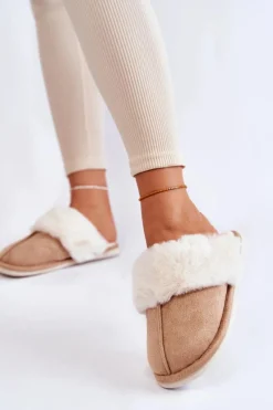 Sale Damskie Gładkie Papcie Z Futerkiem Beżowe Morisea Damskie Kapcie Klasyczne