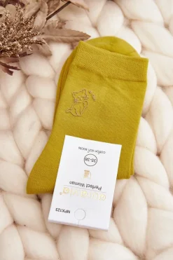 Discount Damskie Gładkie Skarpety Z Kotkiem Żółte Skarpetki|Skarpetki