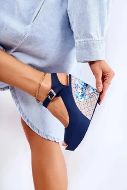 Best Boto Damskie Granatowe Sandały Na Koturnie Nemesis