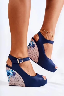 Best Boto Damskie Granatowe Sandały Na Koturnie Nemesis