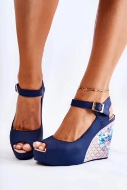 Best Boto Damskie Granatowe Sandały Na Koturnie Nemesis