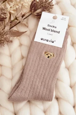 Discount Aura.via Damskie Grube Skarpety Z Misiem Beżowe