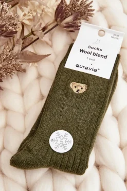 Online Aura.via Damskie Grube Skarpety Z Misiem Ciemnozielone Zielony